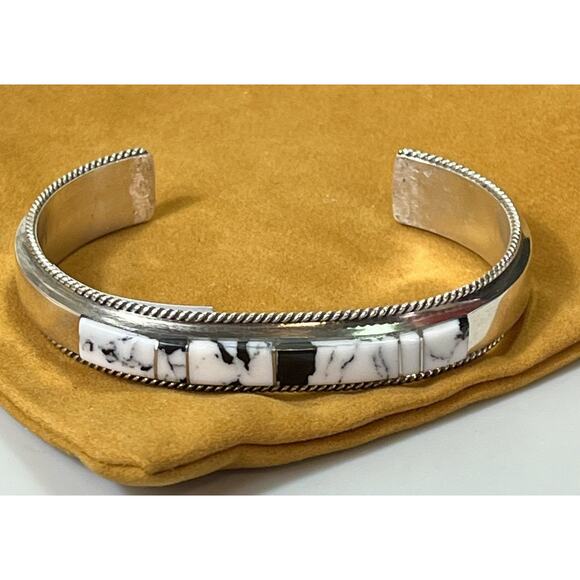 Navajo Handmade Sterling Silver White Buffalo Inlay Cuff Bracelet by F Yazzie - Picture 4 of 16